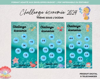 Desafío económico bajo el océano, desafío económico, sobre presupuestario, desafíos de ahorro en francés A6 para imprimir y laminar, planificador de presupuesto