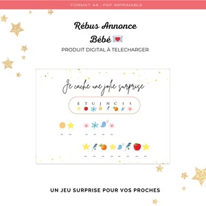 Peut inclure: Annonce de bébé au format A6, imprimable et numérique. Le design présente un rébus avec des étoiles, des fruits et des oiseaux, ainsi que la phrase "Je cache une jolie surprise". Le texte "Rébus Annonce Bébé" est également présent.