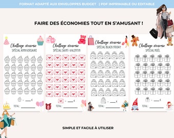 Seasonal 2024 holiday economy challenge, savings challenges in French, challenge, A6 budget envelope to print, budget planner, Valentine's Day, Christmas