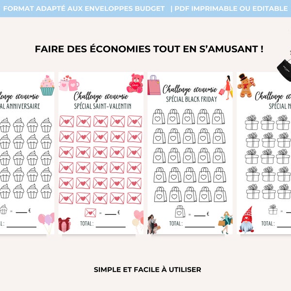 Défi saisons 2024 fêtes économie, défis épargne en français, challenge, enveloppe budget A6 à imprimer, budget planner, Saint Valentin, Noël