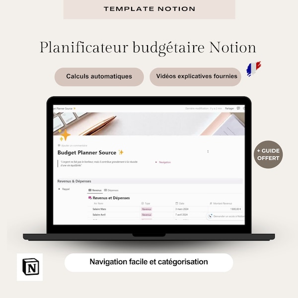 Budget Planner Mensuel français Digital Planner Agenda Organisateur Planner Template Notion épargne Suivi Revenu Dépense Catégories Finance