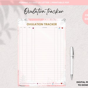 Puede incluir: Un rastreador de ovulación imprimible en formato A4 y carta estadounidense. El rastreador tiene un fondo rosa y blanco con diseños florales. Incluye columnas para la fecha, la hora, el moco cervical y otra información relevante. El texto "Ovulation Tracker" está escrito en letras doradas en la parte superior de la página.
