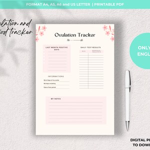 Peut inclure: Suivi d'ovulation et de règles imprimable avec des accents floraux roses. Le suivi comprend des sections pour les jours positifs du mois dernier, les résultats des tests quotidiens, des informations et des notes.