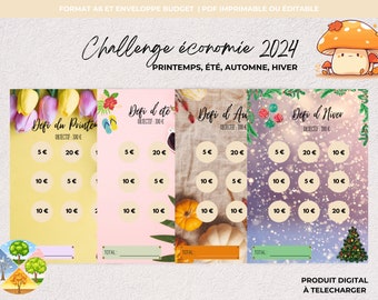 Desafío economía, desafíos ahorro en francés, desafío estacional, presupuesto y sobre A6 para imprimir, laminar, planificador de presupuesto, seguimiento ecológico