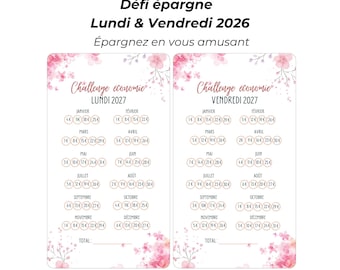 Peut inclure: Deux cartes de défi épargne format A6 pour 2026 et 2027, ornées d'illustrations florales roses. Chaque carte liste les mois de janvier à décembre avec des cercles pour les montants, intitulées Lundi et Vendredi, avec texte en français.