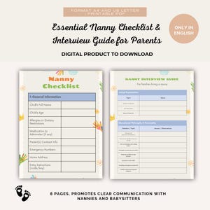 Könnte beinhalten: Ein druckbares PDF-Dokument mit dem Titel "Essential Nanny Checklist & Interview Guide for Parents". Die Checkliste enthält Abschnitte für allgemeine Informationen, Allergien und Notfallkontakte. Der Leitfaden enthält Interviewfragen. Das Dokument ist zum digitalen Download bestimmt.