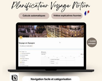 May include: A laptop screen displaying a Notion template for planning a trip to Spain. The template includes sections for packing, itinerary, budget, and contact information. The template also includes a calendar view for scheduling activities. The text on the screen reads "Voyage en Espagne" and "15 Juillet au 21 Juillet 2024".