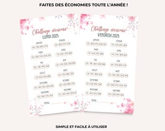 Retos del lunes 2025 para colorear, Reto del viernes, Reto de la economía, Retos de ahorro francés presupuesto imprimible, A6 para sobre del planificador de presupuesto