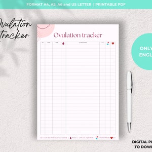 Puede incluir: Seguimiento de ovulación imprimible en inglés. El seguimiento tiene un diseño abstracto rosa y blanco con una gota roja y un icono de corazón. El seguimiento tiene columnas para el día del ciclo, el período, el pico bajo/alto y la temperatura.