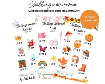 12-month economy challenges, seasonal challenges, savings challenges in French, seasonal challenges, A6 budget envelope, printable budget planner, budget binder
