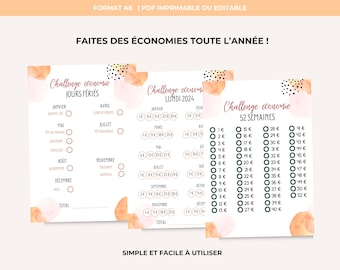 Desafío de economía, desafíos de ahorro en francés, desafío de días festivos, desafíos A6 de 52 semanas para imprimir 2024, planificador de presupuesto, sobre