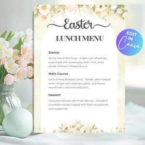 Easter Lunch Menu Template, Printable Easter Menu, Spring Brunch Menu, Easter Dinner Menu Card, Easter Church Lunch Menu, Edit in Canva