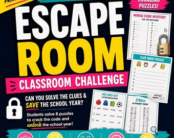 May include: A Back to School Escape Room classroom challenge activity set featuring 8 engaging puzzles. The dark background displays white and yellow text, a padlock icon, and sample puzzle sheets including Morse Code, Clue Quest, and Atbash cipher.