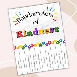 May include: A printable poster with a rainbow design and the text "Random Acts of Kindness" with a list of kind things to do.