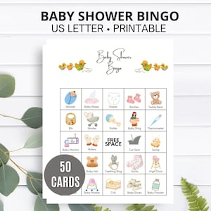 Baby Shower Bingo Game 50 Unique Watercolor Game Cards with Call Cards & Bingo Chips, Gender Reveal Party Game
