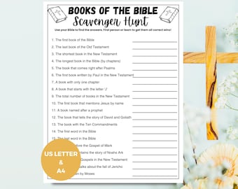 May include: A printable Bible scavenger hunt game with 15 questions about the books of the Bible. The game is designed for use with a Bible and is suitable for individuals or teams.
