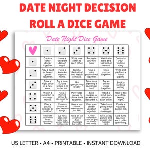 Date Night Roll A Dice Game, Date Night Ideas, Weekly Date Night Generator, Printable Dice Roll game, Fun Date Night Ideas, Valentine&#39;s Day