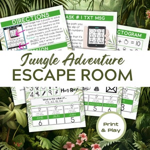 Könnte beinhalten: Ein druckbares Dschungel-Escape-Room-Spiel mit einem grünen, weißen und schwarzen Farbschema. Das Spiel beinhaltet eine Vielzahl von Rätseln und Herausforderungen, wie z. B. ein Kryptogramm, ein Zahlenrätsel und eine Wortsuche. Das Spiel ist für Spieler aller Altersgruppen konzipiert und perfekt für eine lustige und lehrreiche Aktivität.