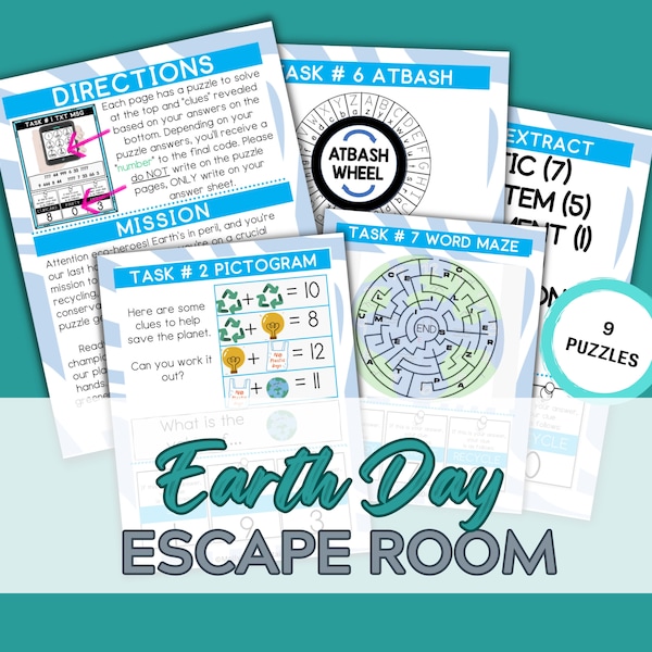 Escape Room for Kids, Earth Day Escape Room - Educational Fun for Kids (7-12)  Printable Game with 9 Puzzles, Printable Party Activity