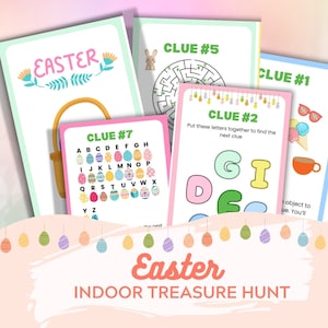Puede incluir: Un juego de búsqueda del tesoro de Pascua para interiores imprimible con siete pistas. Las pistas están en tarjetas coloridas con ilustraciones y texto. El texto incluye las palabras "Easter Indoor Treasure Hunt", "Clue #1", "Clue #2", "Clue #5" y "Clue #7".