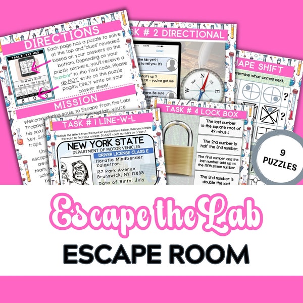 Escape Room for kids - Escape the Lab , Printable Game with 9 Puzzles, Printable Teen Party Activity, Team Building Activity 12yrs +