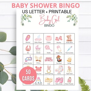 Girl Baby Bingo Game, Baby Shower Bingo Game  50 Unique Watercolor Game Cards with Call Cards & Bingo Chips, Gender Reveal Party Game