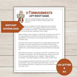 Gioco biblico dei Dieci Comandamenti, Gioco Sinistra Destra, Gioco cristiano stampabile, Attività della scuola domenicale per bambini, Gioco di scambio di regali, Parabola di Gesù
