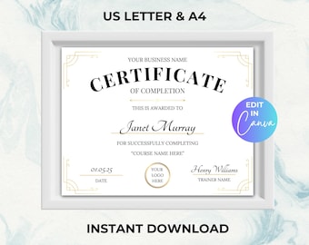 Certificate of Completion Template, Editable Training Award, Printable Beauty Certificate, Canva Design, Instant Download, Course Completion