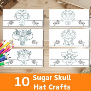 Manualidad para colorear del Día de los Muertos, actividad de fiesta del Día de los Muertos para niños, 10 diseños diferentes de calaveras de azúcar, para descargar e imprimir.