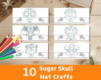 Day of the Dead Coloring Craft, Kid's Día de los Muertos party activity, 10 Different Sugar Skull Designs, Download and Print.