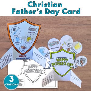 Biglietto per la Festa del Papà "Armatura di Dio" - 3 versioni stampabili, Bibbia cristiana da colorare. Biglietto da ritagliare, piegare e esporre per papà, attività per la scuola domenicale.