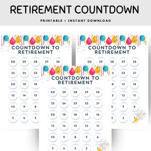 Op de afbeelding: Printbare aftelkalender voor pensionering met kleurrijke ballonnen en confetti. De aftelkalender loopt van 30 tot 1.