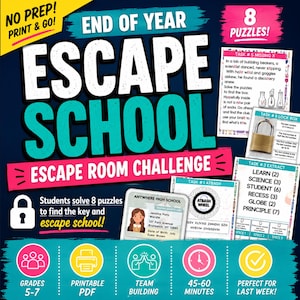 May include: A colorful graphic promoting an "End of Year Escape School" challenge. The design features the text "Escape School" in large, bold letters, with supporting text indicating 8 puzzles for grades 5-7. Includes icons for team building and printable PDF.