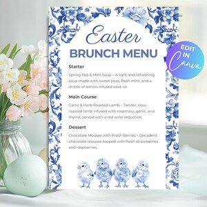 Easter Brunch Menu Template, Printable Easter Menu, Spring Lunch Menu, Easter Dinner Menu Card, Blue Chinoiserie Menu, Editable in Canva