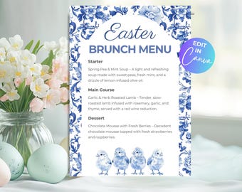 Modello di menu per il brunch di Pasqua, menu di Pasqua stampabile, menu per il pranzo di primavera, menu per la cena di Pasqua, menu Chinoiserie blu, modificabile in Canva