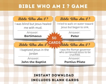 May include: A set of 50 Bible Who Am I? game cards. Each card features a Bible character and a clue about their identity. The cards are printed on white cardstock with black text and are ready to be cut out and played.