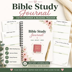 Könnte beinhalten: Ein Bibelstudien-Journal mit Spiralbindung und dem Titel in großer, eleganter Schrift. Das Journal enthält Seiten für Notizen, Schriftreflexionen und ein Leseprotokoll. Ein goldener Stift liegt neben dem Journal, mit floralen Akzenten.