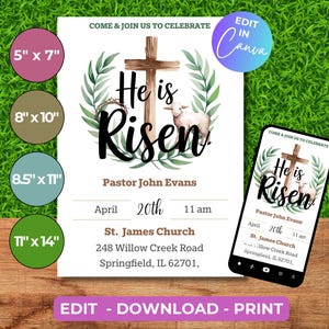 He is Risen! Easter Sunday Service Flyer, Customizable Digital Church Template, Editable Canva Invitation for Easter Sunday
