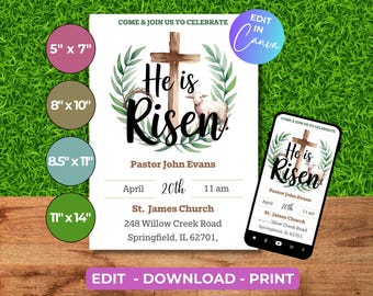 He is Risen! Easter Sunday Service Flyer, Customizable Digital Church Template, Editable Canva Invitation for Easter Sunday