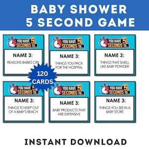 Puede incluir: Un juego para baby shower con seis tarjetas, cada una con una indicación para nombrar tres cosas en cinco segundos. Las tarjetas son azules y blancas, con un gráfico de temporizador. El juego incluye 120 tarjetas y es una descarga instantánea.