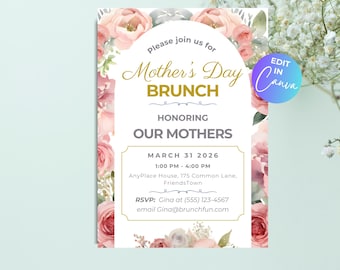 Mothers Day Brunch Invitation, Mother's Day Lunch Invite, Mother's Day Flyer, Editable Floral Template, Printable Invite for Mother's Day