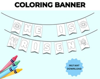 He Is Risen Easter Banner – Easter Coloring Garland, Christian Printable Activity for Kids, Sunday School, & Bulletin Boards Classroom Decor