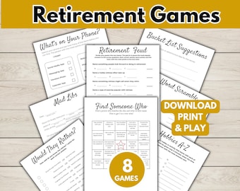 Puede incluir: Un conjunto de ocho juegos de jubilación imprimibles. Los juegos incluyen "What's on Your Phone?", "Retirement Feud", "Bucket List Suggestions", "Mad Libs", "Would They Rather?", "Find Someone Who", "Word Scramble" y "Hobbies A-Z".