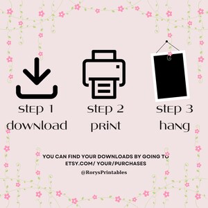 Pode incluir: Um guia de tr&ecirc;s etapas para baixar, imprimir e pendurar um arquivo imprim&iacute;vel. As etapas s&atilde;o ilustradas com &iacute;cones: uma seta de download, uma impressora e uma moldura de imagem pendurada em uma parede. O texto abaixo de cada &iacute;cone diz "Etapa 1 Baixar", "Etapa 2 Imprimir" e "Etapa 3 Pendurar". O texto abaixo dos &iacute;cones diz "Voc&ecirc; pode encontrar seus downloads indo para etsy.com/your/purchases @RorysPrintables".