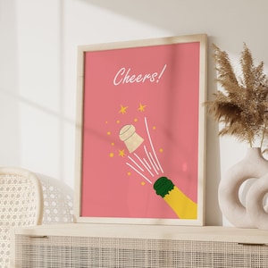 Cheers Print, Retro Wine Poster, Kolorowe szklanki do napojów Wall Art, Funky Bar Cart Art, Vintage Cocktail Sketch Art, Pink Wall art, Pomysł na prezent