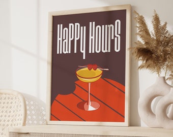 Happy Hour Poster, Retro Coctail Print, Red Salud Slainte Print, Funky Bar Cart Art, Vintage Cocktail Sketch Art, Colorful Wall Art, Cheers