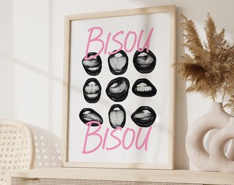 Bisou Bisou-print, lippenposter, preppy kamerdecor, funky muurkunst, y2k poster, decor slaapzaal, esthetische print, trendy muurkunst, kus lippen print