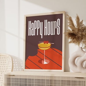Happy Hour-poster, retro cocktailprint, rode Salud Slainte-print, funky barwagenkunst, vintage cocktailschetskunst, kleurrijke muurkunst, gejuich