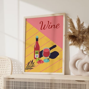 Wein Poster, Retro Cocktail Print, Pink Orange Salud Slainte Druck, Funky Bar Warenkorb Kunst, Vintage Cocktail Skizze Kunst, Bunte Wandkunst Prost