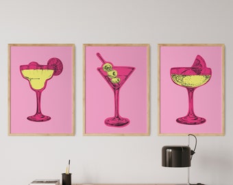 Pink Cocktail Print Set Of 3, Alcohol Print, Living Room Wall art, Retro Coctail print Set, Bar Wall Art, Home Bar Decor, Kitchen Wall Art